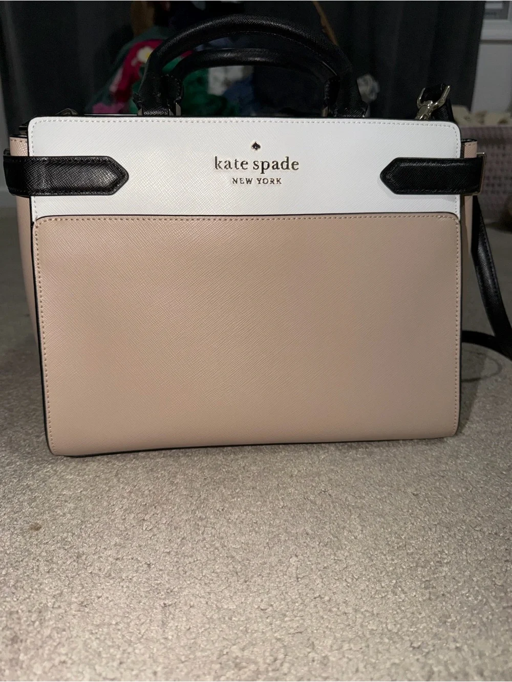 kate spade Colorblock Pebble Leather Satchel in Beige, White & Black